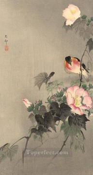 150の主題の芸術作品 Painting - 石チャットと咲く花 大原古邨の鳥